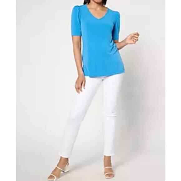 Susan Graver Liquid Knit Short Sleeve Blouse Top Solid Blue Sz 2X Casual Office - Picture 2 of 11